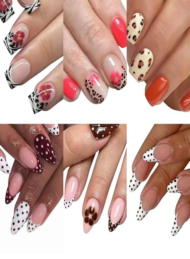 CTTHNBD 6 Packs (144 Pcs) Press on Nails Short Square, Almond Press on Nails, with Leopard Print Polka Dot Design French Tip Fake Nails for Women - 12 Sizes, 6Styles - Image 1
